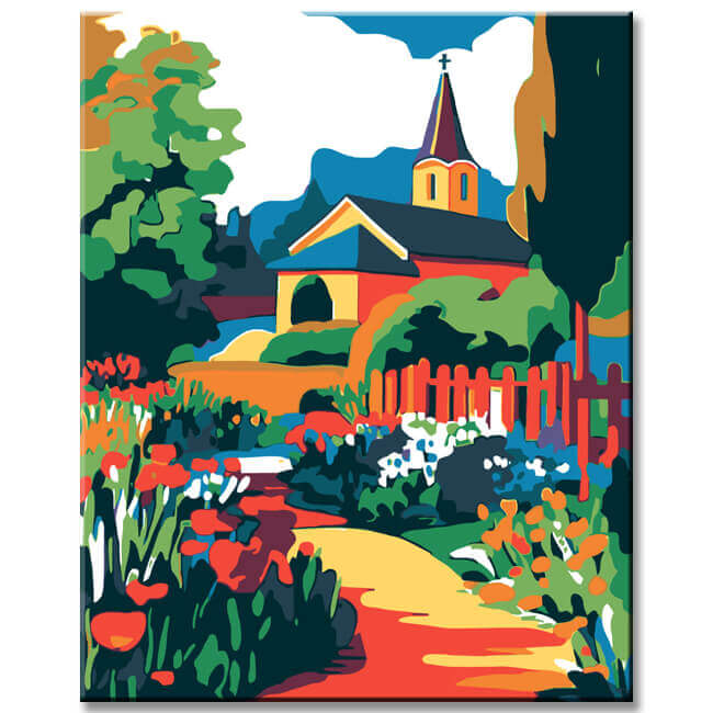 Malen nach Zahlen Dorfidyll mit Kirche und Garten