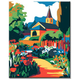 Malen nach Zahlen Dorfidyll mit Kirche und Garten