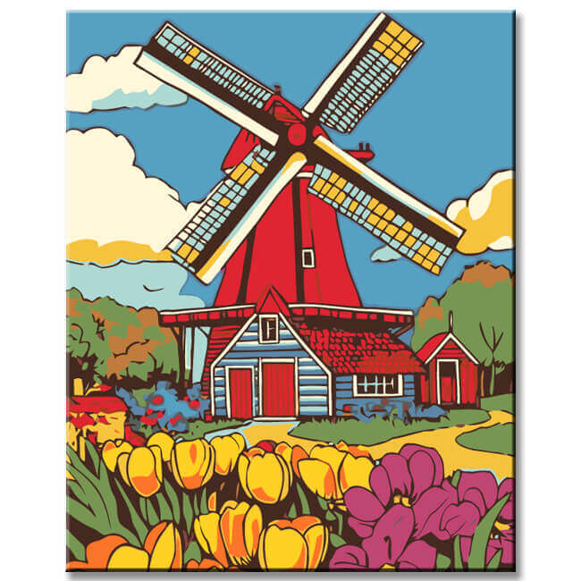 Painting by Numbers Netherlands Holland Windmill Flowers