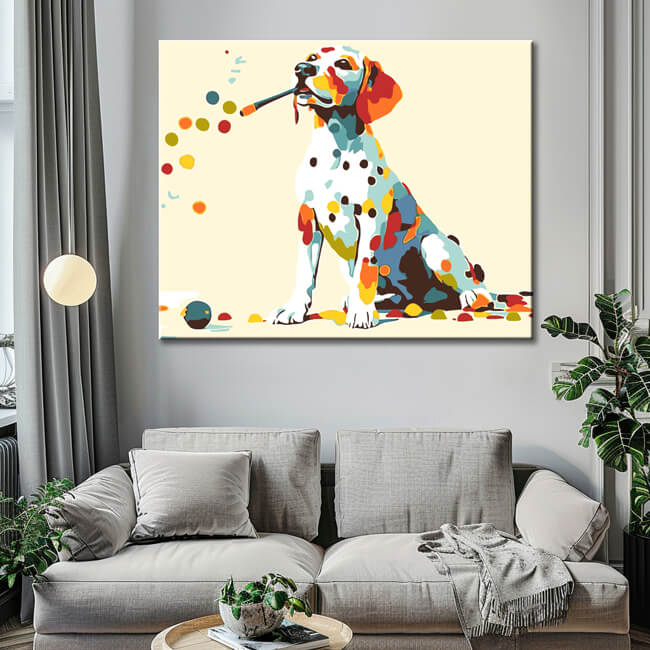 Malen nach Zahlen Kunst Sitzender Hund verliert bunte Punkte