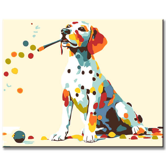Malen nach Zahlen Kunst Sitzender Hund verliert bunte Punkte