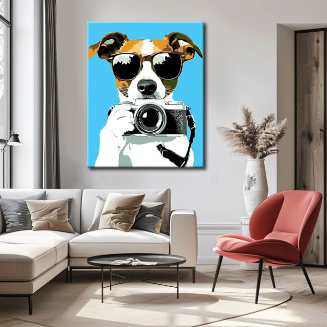 Malen nach Zahlen Kunst Hund mit Brille und Kamera