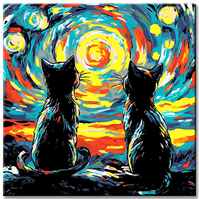 Grind nach Zahlen Zwei Katzen unter bunten Himmel