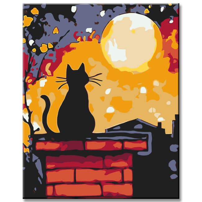 Malen nach Zahlen Schwarze Katze bei Nacht auf dem Hausdach