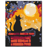 Malen nach Zahlen Schwarze Katze bei Nacht auf dem Hausdach