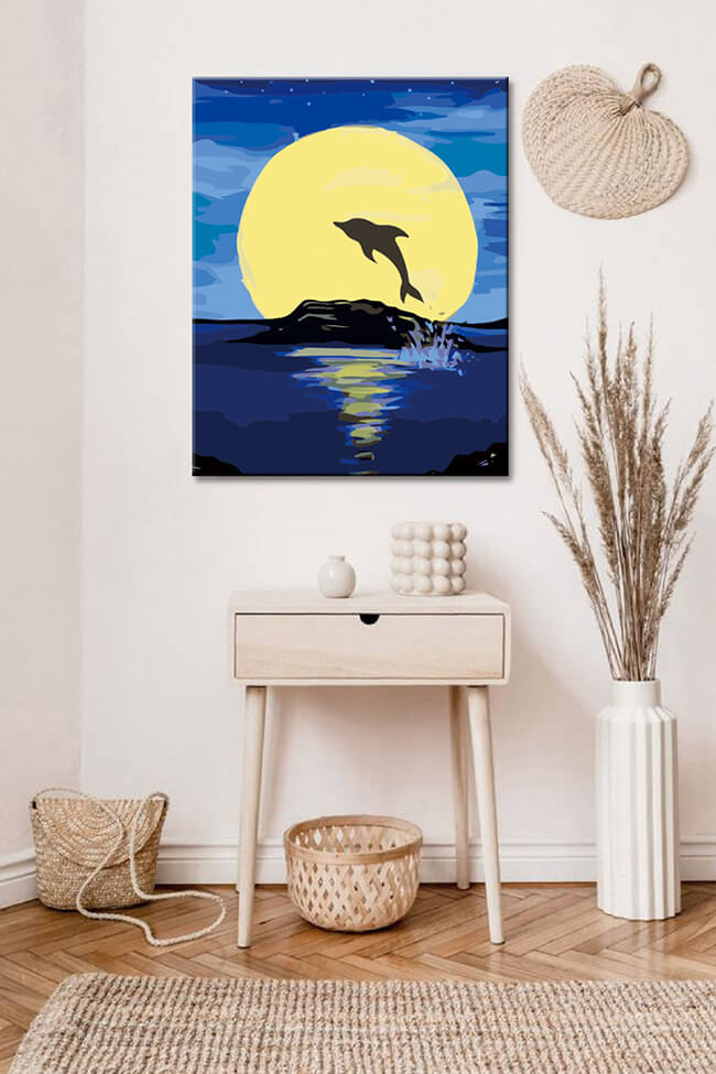 Malen nach Zahlen Kunst Tier Delfin bei Nacht vor Vollmond