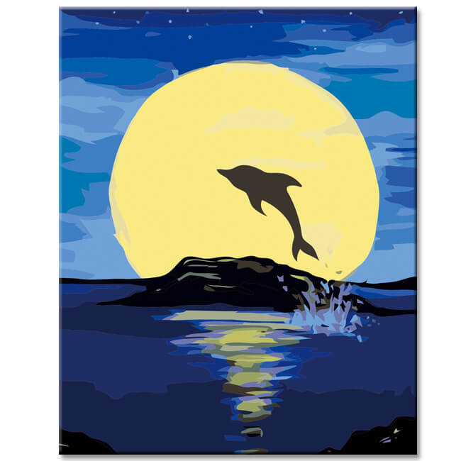 Malen nach Zahlen Kunst Tier Delfin bei Nacht vor Vollmond