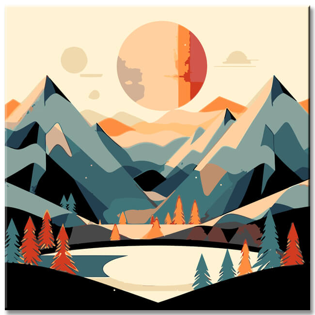 Malen nach Zahlen - Minimalistisches Landschaftsposter: Berge, Sonne, Tag und Nacht, Boho-Midcentury