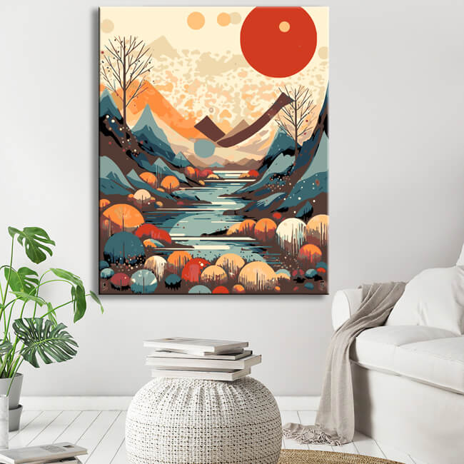 Malen nach Zahlen - Minimalistische Landschaft: Berge, Sonne, Tag und Nacht, Boho-Midcentury Kunst