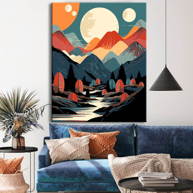 Malen nach Zahlen - Minimalistische Landschaft: Berge, Sonne, Tag und Nacht, Boho-Midcentury Kunst