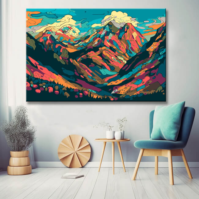 Farbenfrohe Illustration Berglandschaft Malen nach Zahlen 