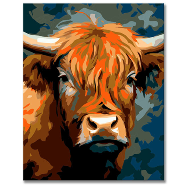 Highland Cattle im Picasso-Stil  Malen nach Zahlen