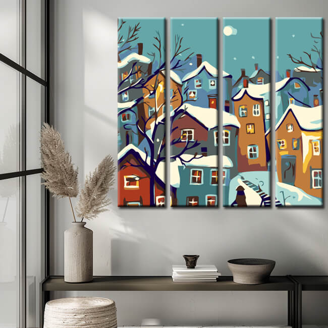 Malen nach Zahlen Bunte Häuser Kunst im Winter 4-teilig