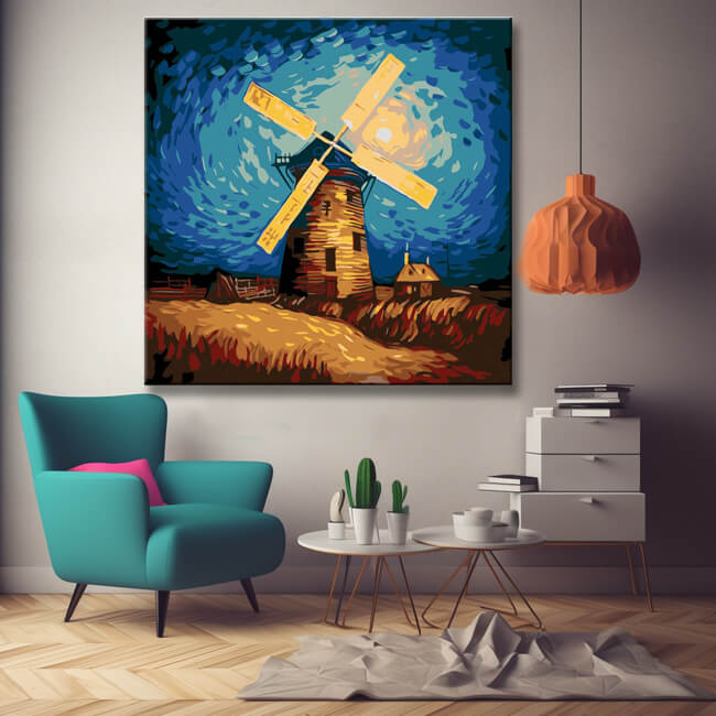 Vincent van Gogh Inspiriert: Blühende Windmühle - Malen nach Zahlen