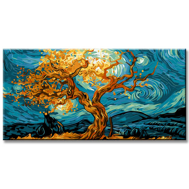 Malen nach Zahlen Panorama Sternennacht Baum im Van Gogh Stil I