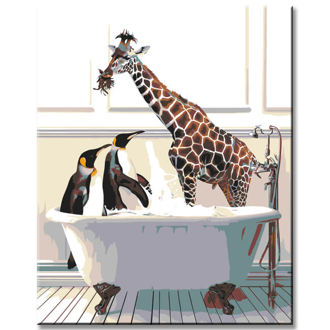 Malen nach Zahlen Pinguine und Giraffe in der Badewanne